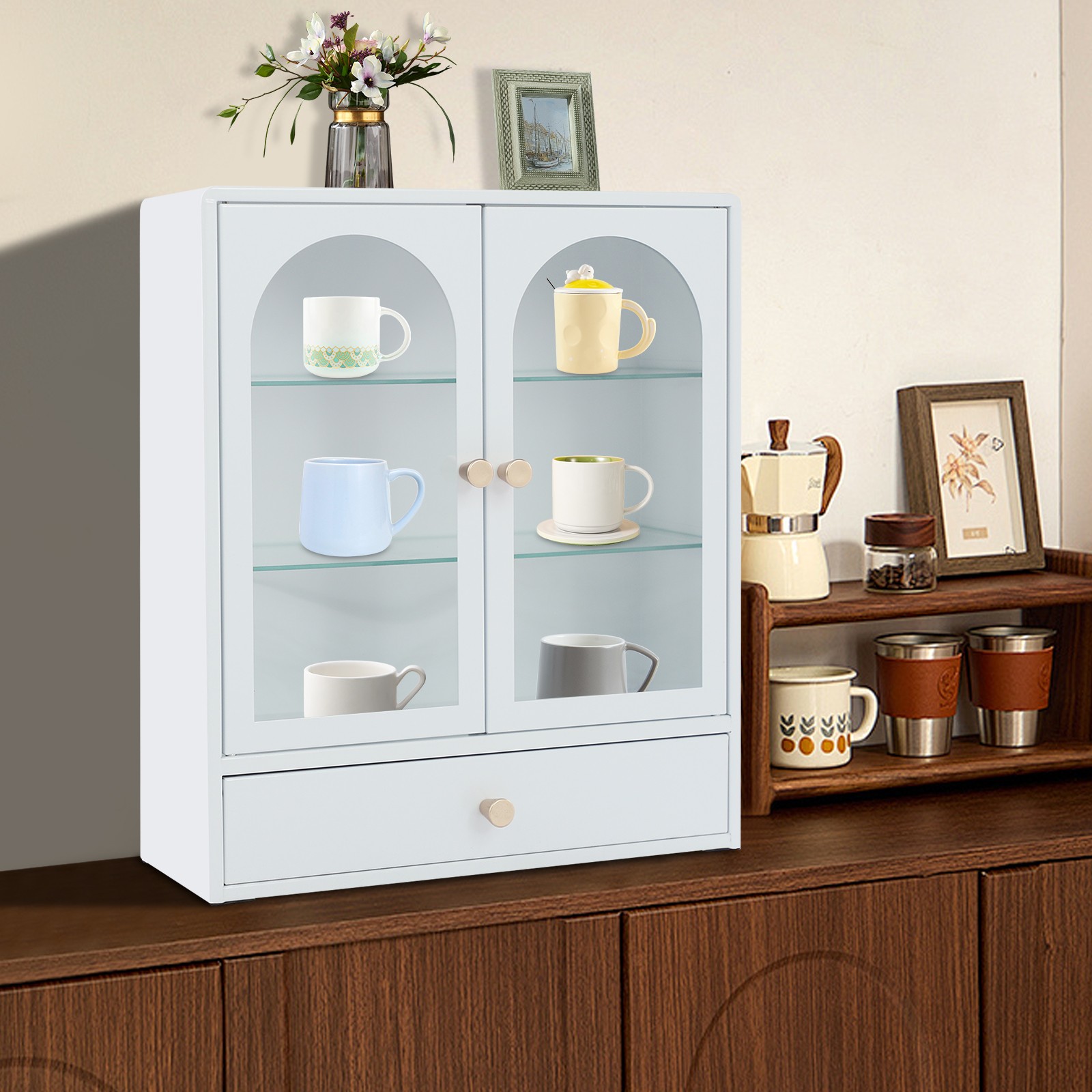 Display Cabinet 18.7" Tall Storage Cabinet with Drawer, White Curio with Glass gallery