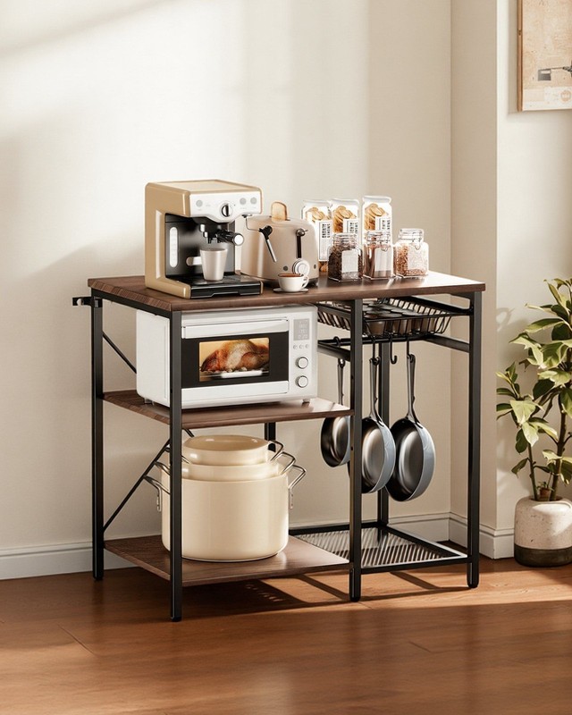3-Tier Kitchen For Baker Rack: Walnut Top, Black Metal Frame, X-Brace, 5 Hooks gallery
