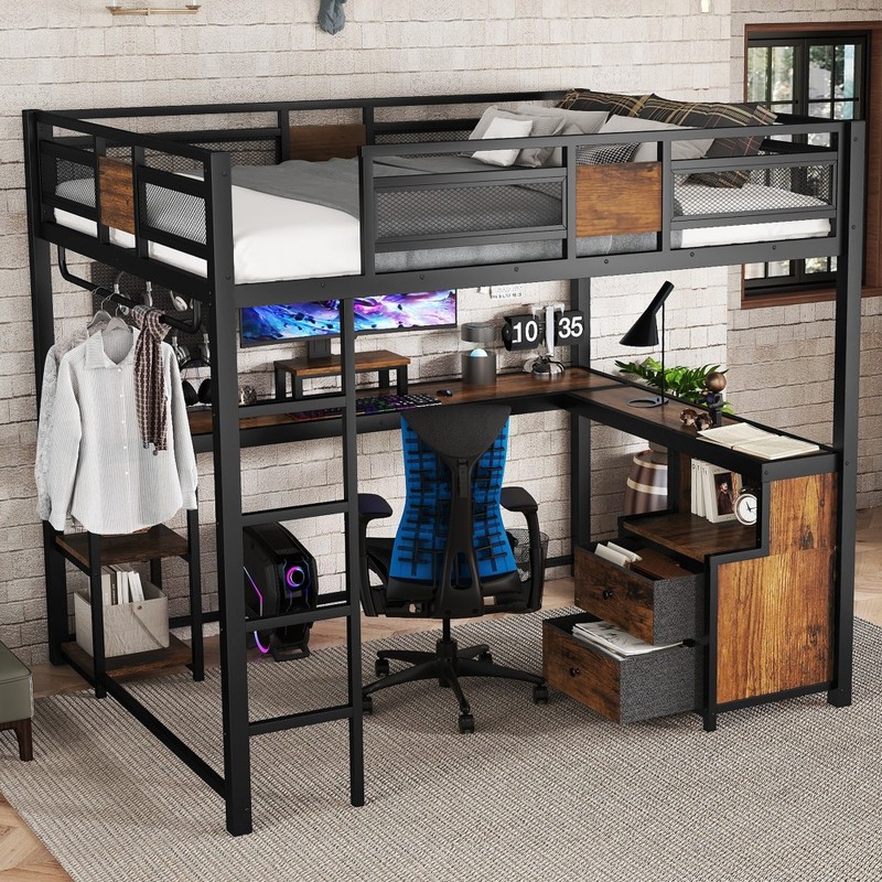 Queen Size Loft Bed with Desk & Storage Stairs, Wardrobe Side Table Bed Frame gallery