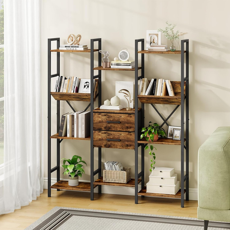 Rustic Brown & Black 3-Column Bookcase with Drawers and V-Shaped Shelves gallery