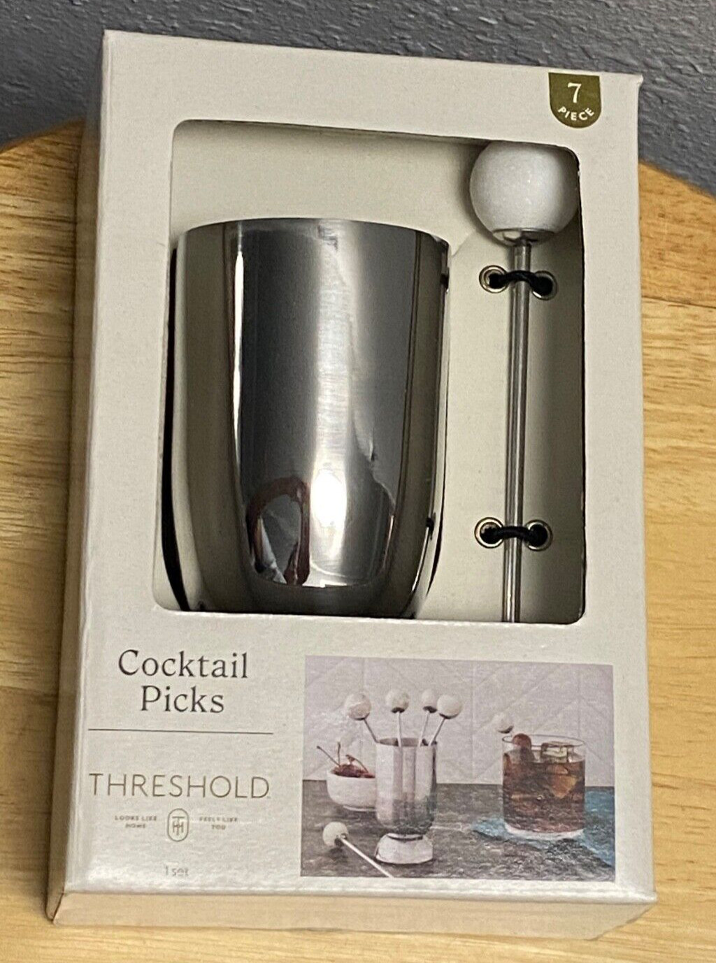 NEW Threshold™ Cocktail Picks Silver Holder White Marble Picks 7 Pc Set Barware gallery