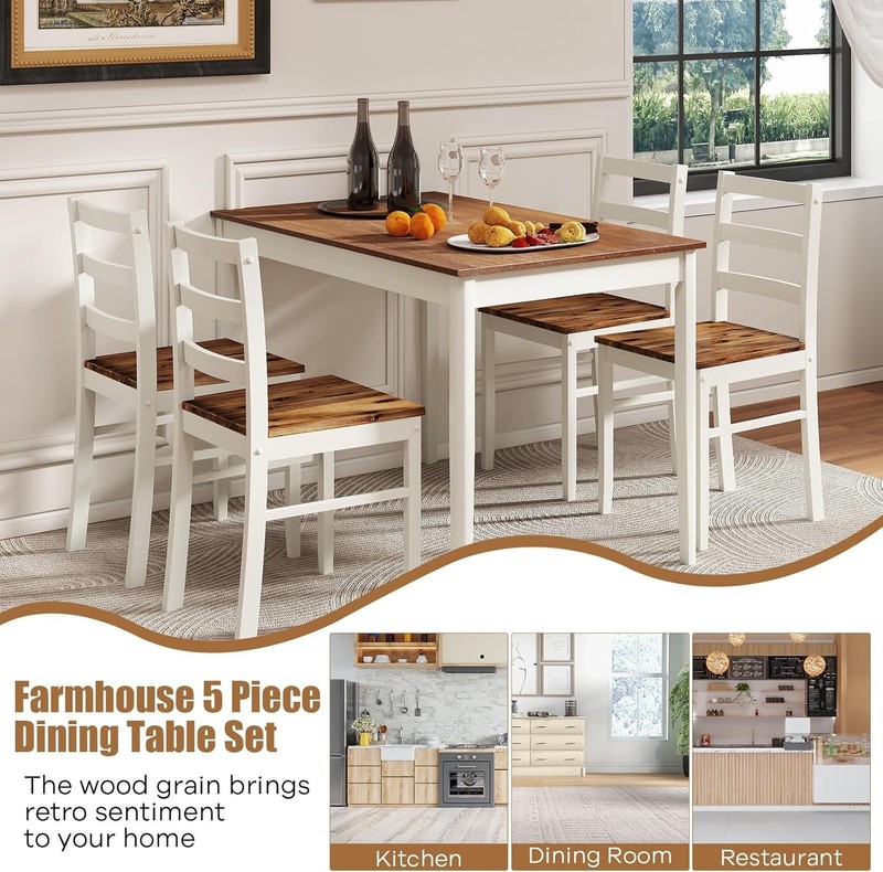 Dining Table Set for 4, Solid Wood Kitchen Table and Chairs, Farmhouse Dinett... gallery