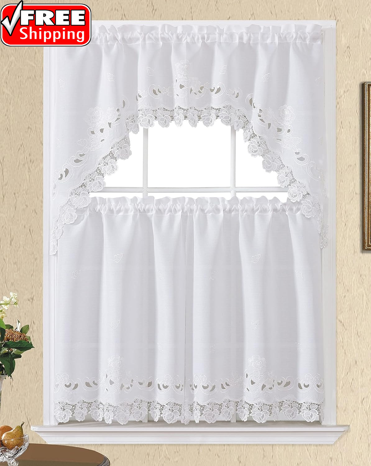 GOHD Lace Rosarium Kitchen Curtains, 3PCS Kitchen Curtains and Valances Set, Ele gallery