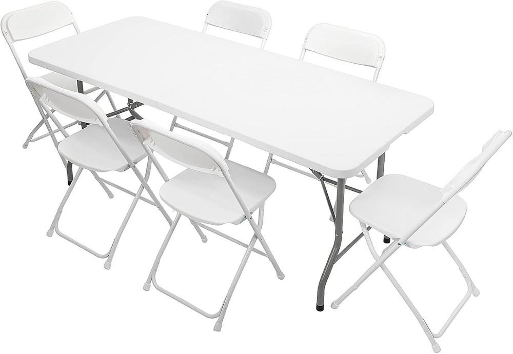 VINGLI 6 FT Plastic Folding Table Set with 6 White Folding Chairs for Picnic, Ev