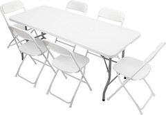 VINGLI 6 FT Plastic Folding Table Set with 6 White Folding Chairs for Picnic, Ev