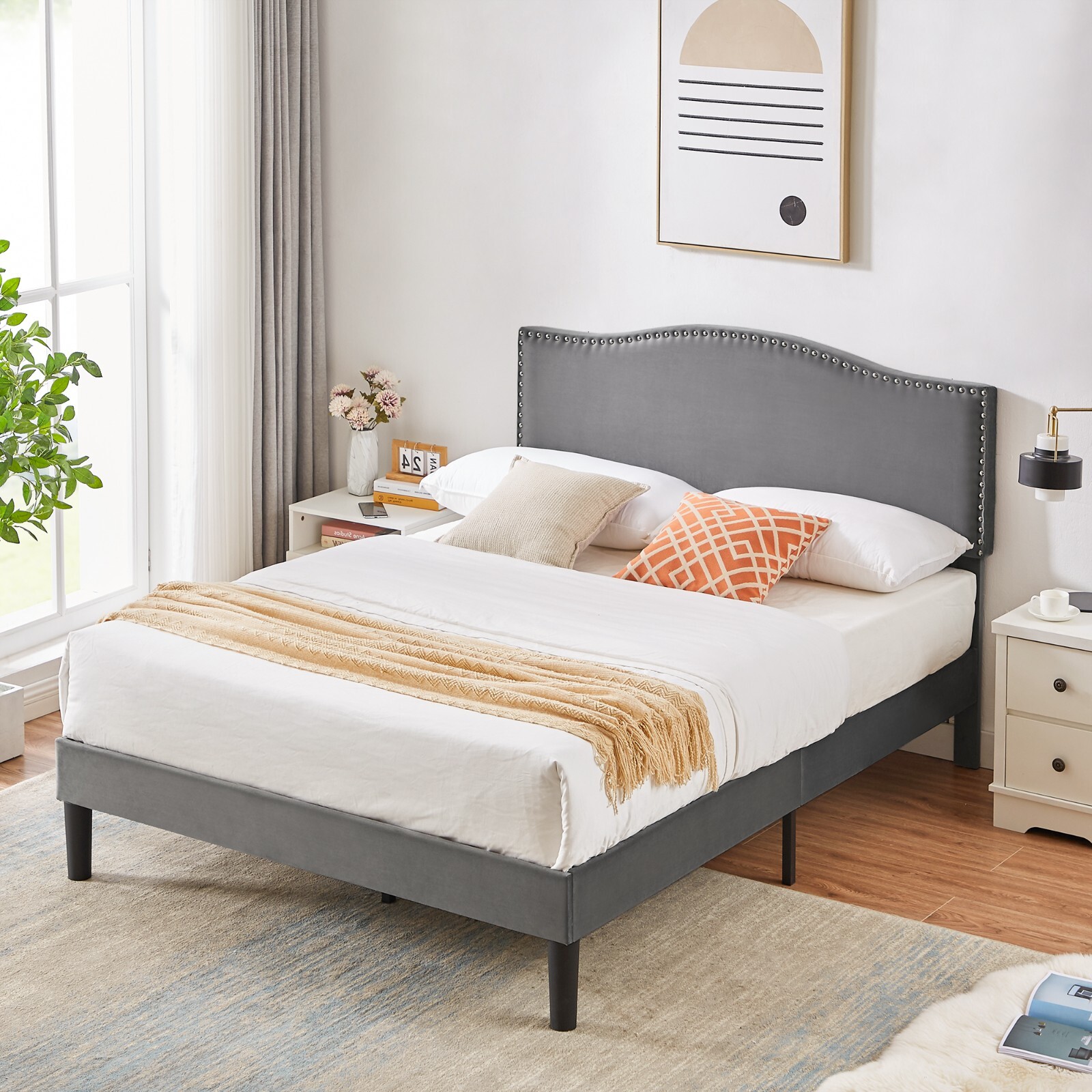 Bed Frame w/ Adjustable Fabric Headboard Twin/Full/Queen Size Wood Slat Support gallery