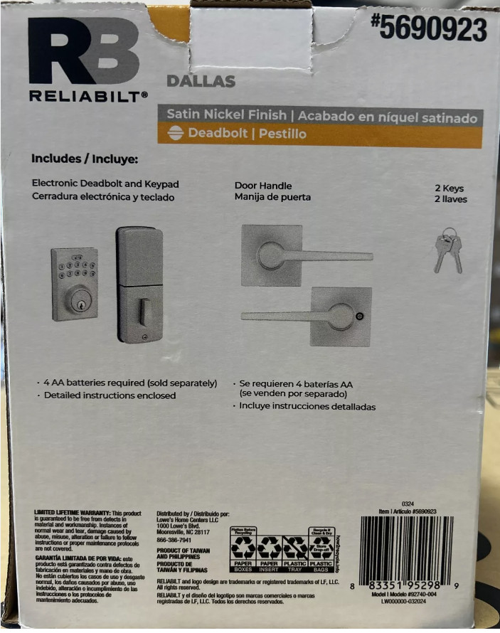 Reliabilt Keyes Electronic Keypad Deadbolt And Passage Door Handle 5690923 NEW gallery