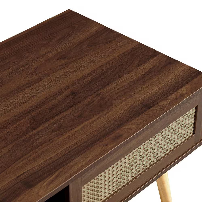 41In. Walnut Rectangle MDF Coffee Table with Rattan Door Storage and Solid Wood gallery