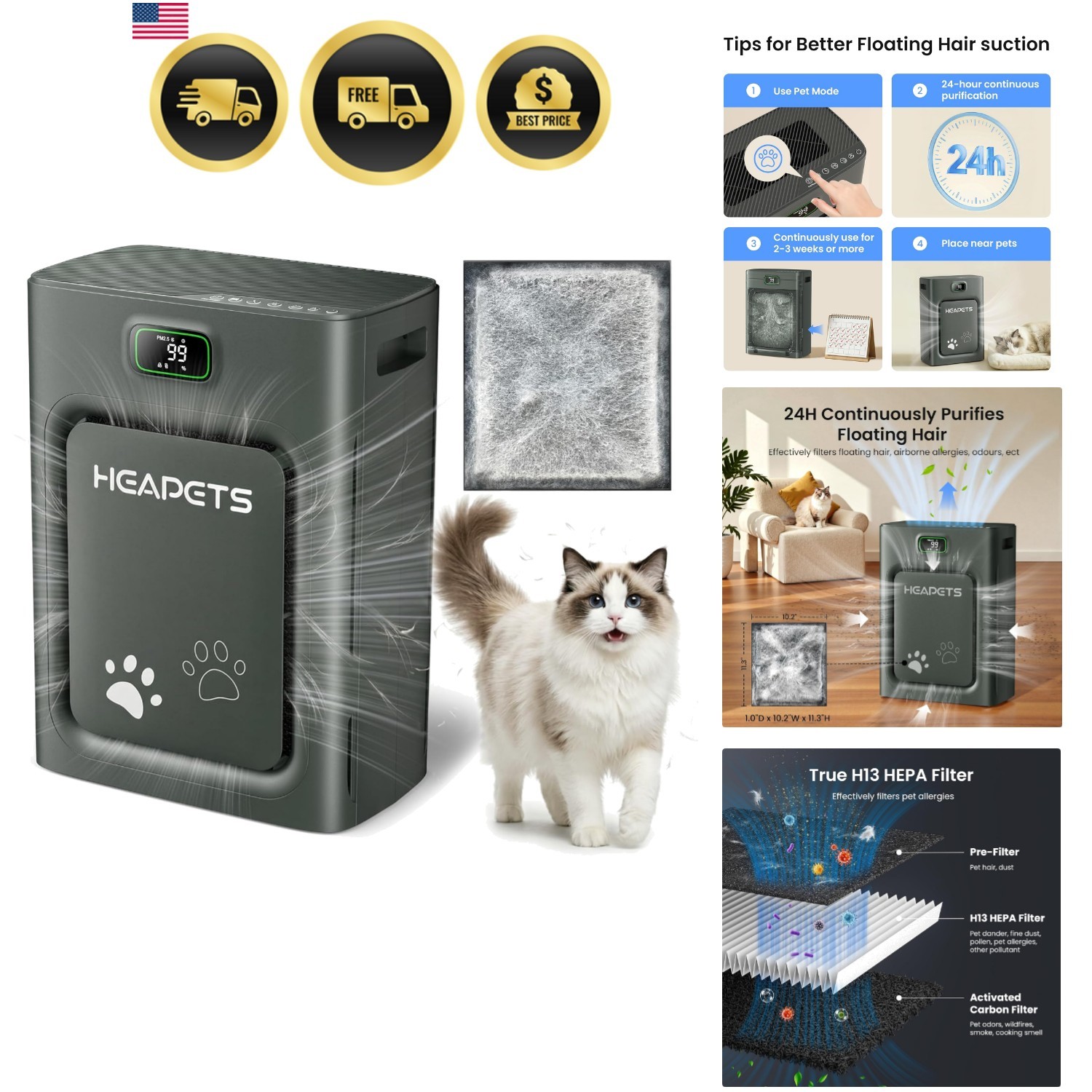Efficient Pet Hair & Odor Cleaner for Spaces Up to 2500 sq ft, Quiet Mode gallery