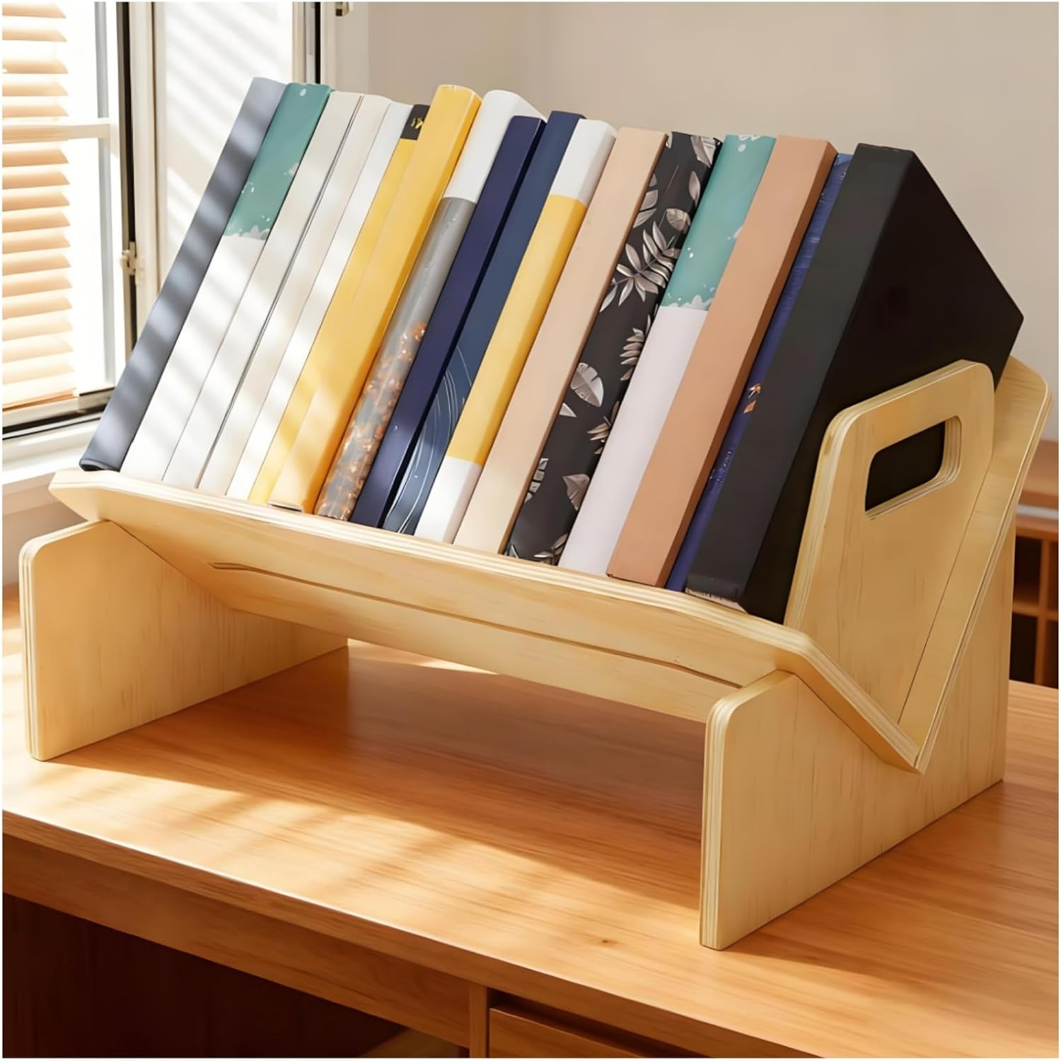 Wood Desktop Bookshelf, Tabletop Book Storage Rack Display Shelf with Handle, Ti gallery