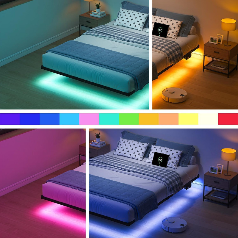 Queen Floating Bed Frame with LED Lights & Charging Station - No Box Spring Need gallery