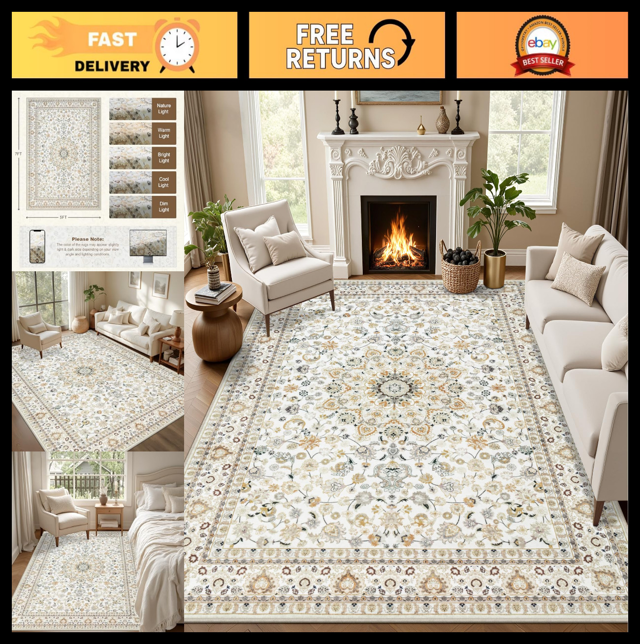 Vintage Boho 5x7 Area Rug - Washable, Soft, Stain Resistant, Non-Slip Carpet for gallery