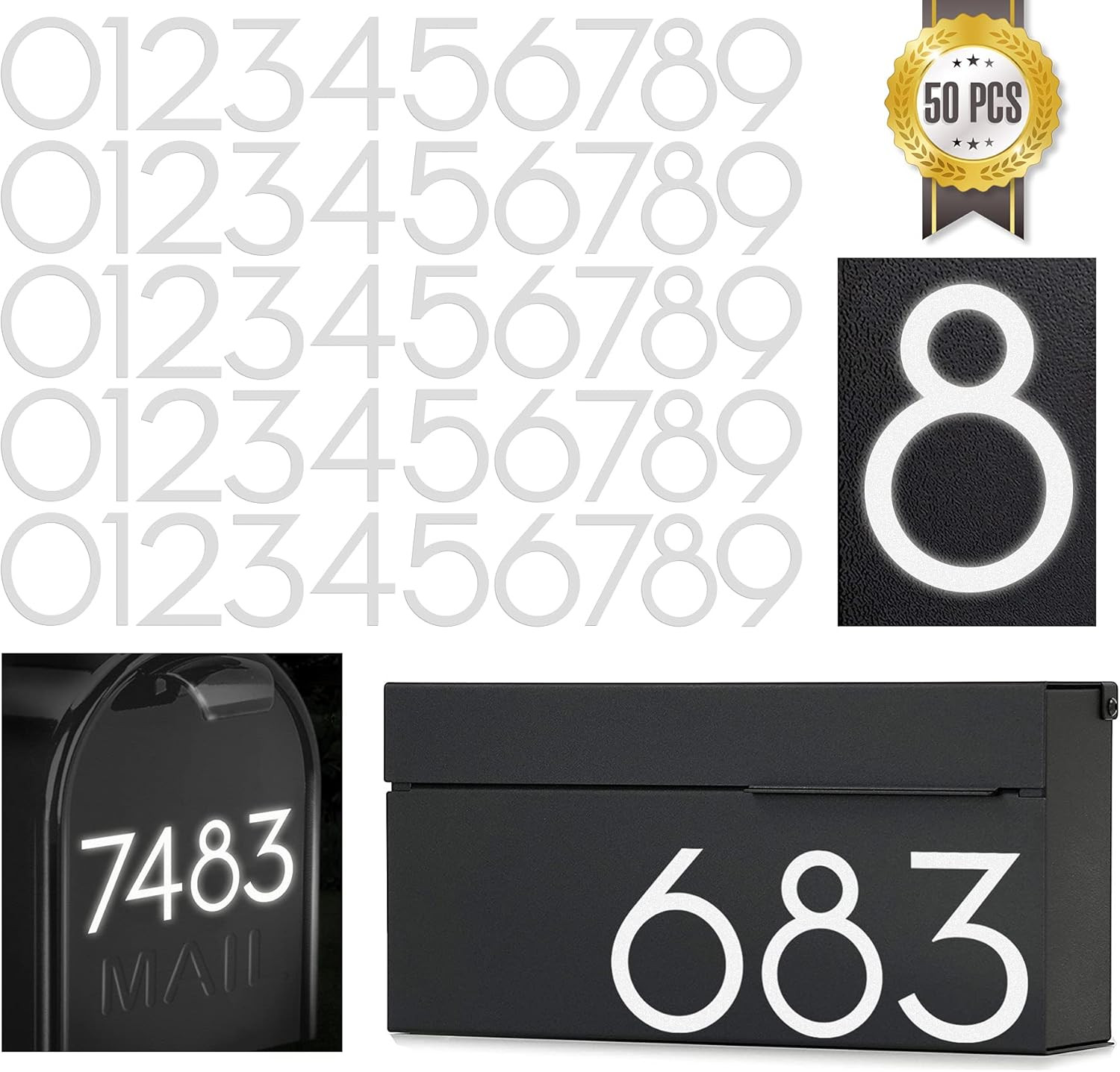 2 Inch Reflective Mailbox Numbers Sticker (0-9, 5 Sets) Modern Number Vinyl Wate gallery