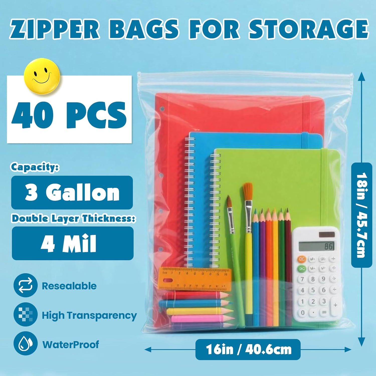 40 Pack Large 3 Gallon Storage Bags with Zipper Top, 16 X 18 Inch Zipper Bags, C gallery