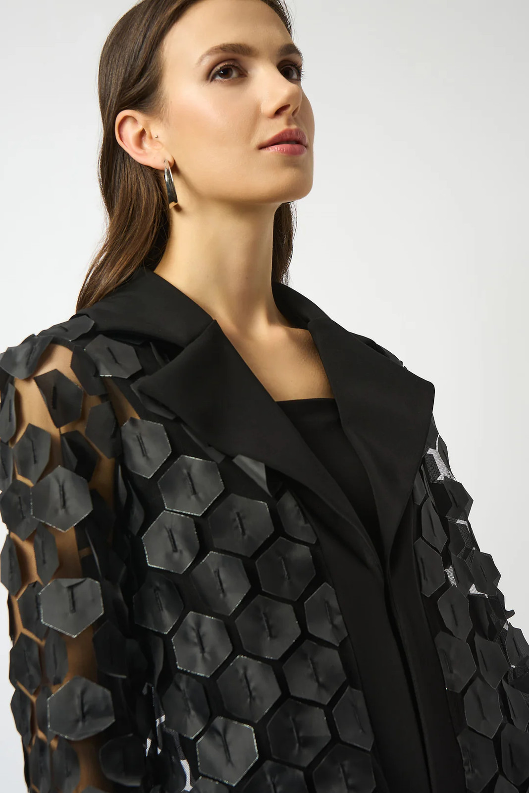 Joseph Ribkoff Black/Silver Collared Embroidered Mesh Trapeze Jacket 253089 gallery