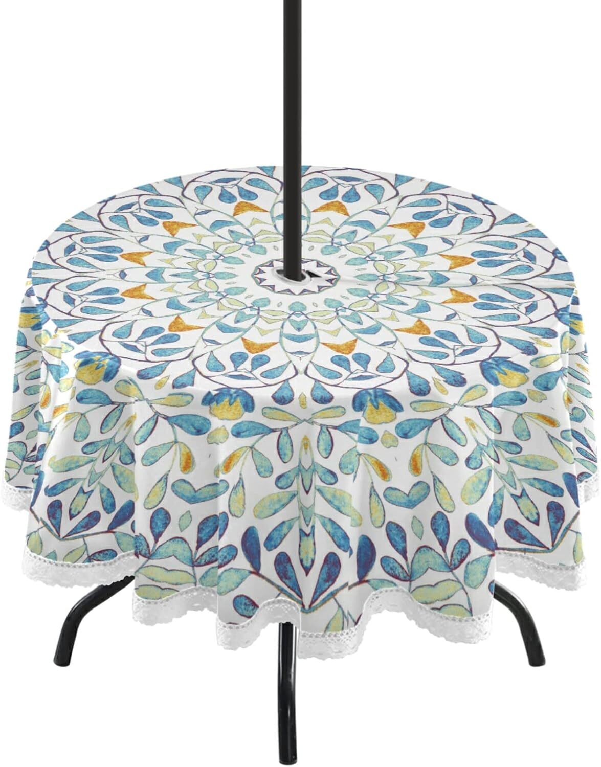 Mandala Outdoor round Tablecloth with Umbrella Hole Waterproof Spillpro gallery