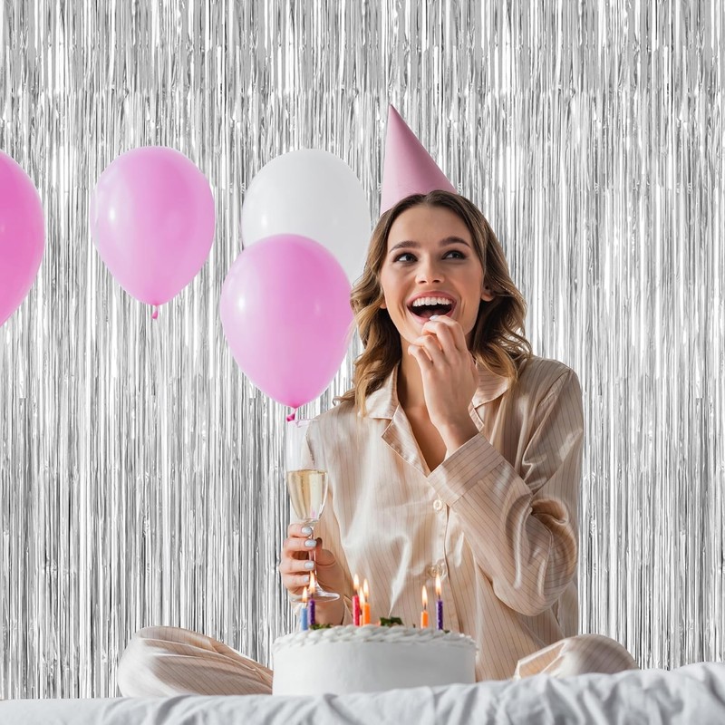 2 Pack Tinsel Backdrop,3.28 FT x 7.05 FT Birthday Party Decorations,Silver Party gallery