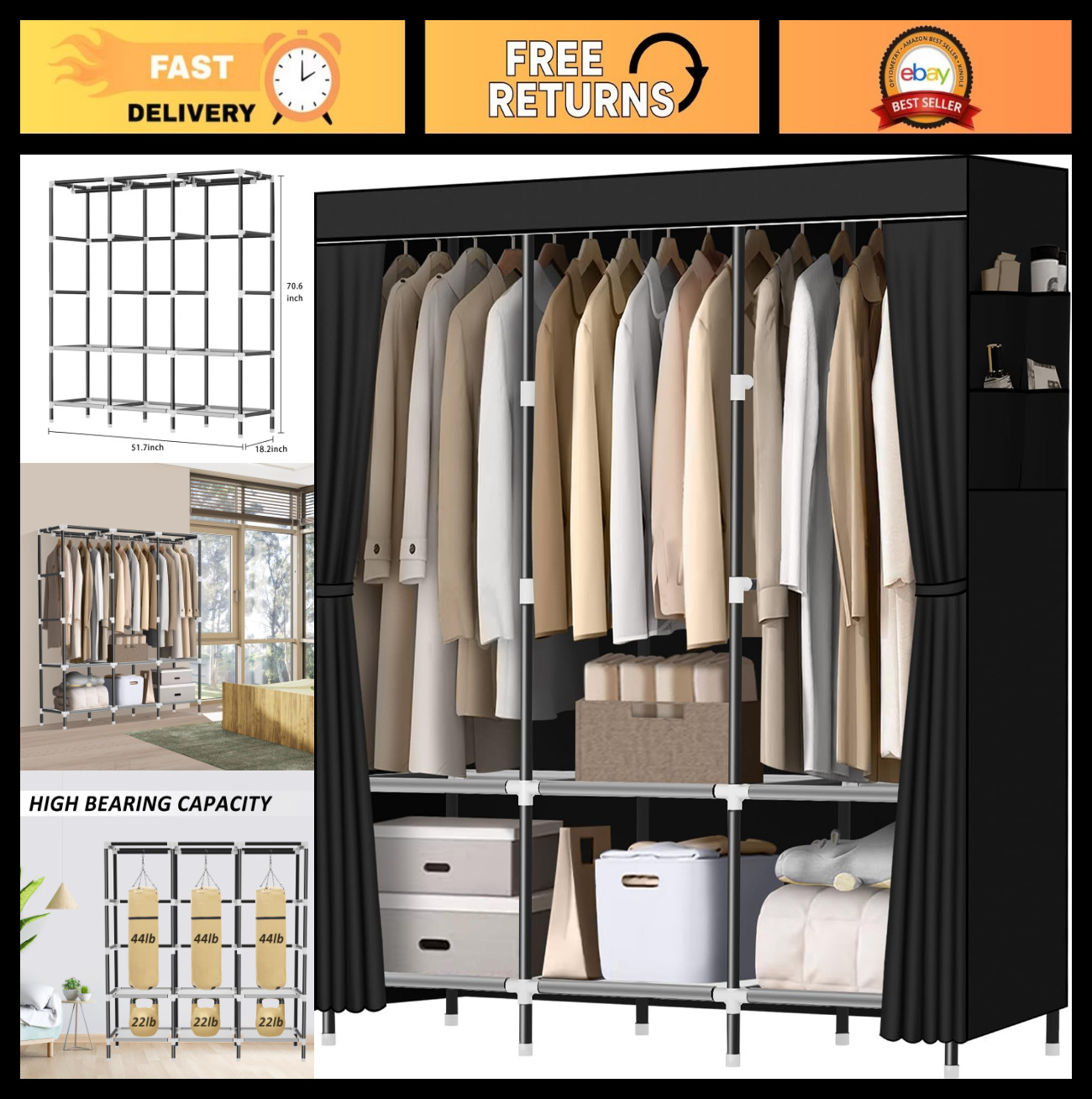 Portable Wardrobe Closet - Sturdy Steel Pipe, 3 Hanging Rods, 6 Shelves & Pocket gallery