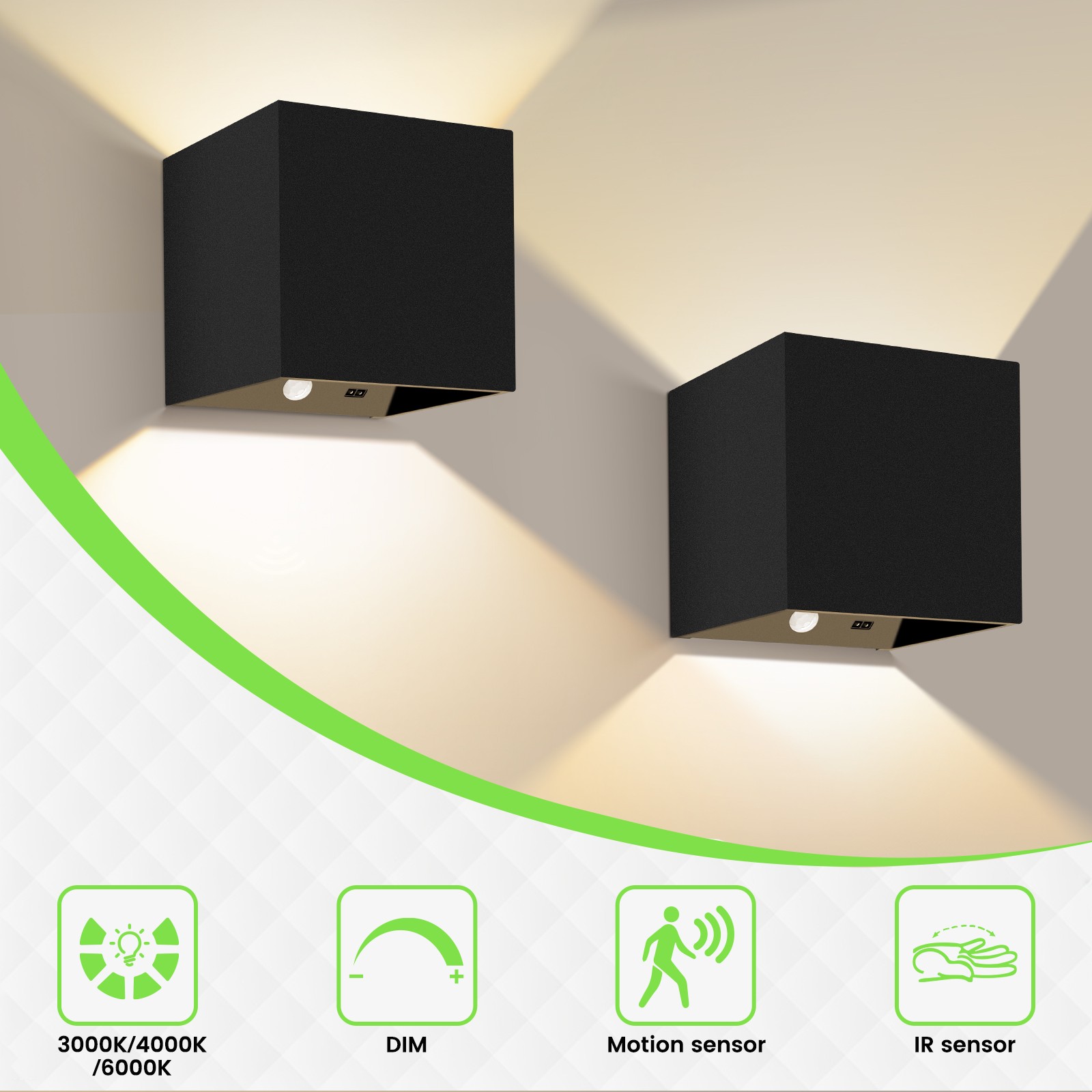 2 Pack Cube LED Wall Lights Indoor 4W 3CCT Dimmable USB Black Motion Modern Lamp gallery