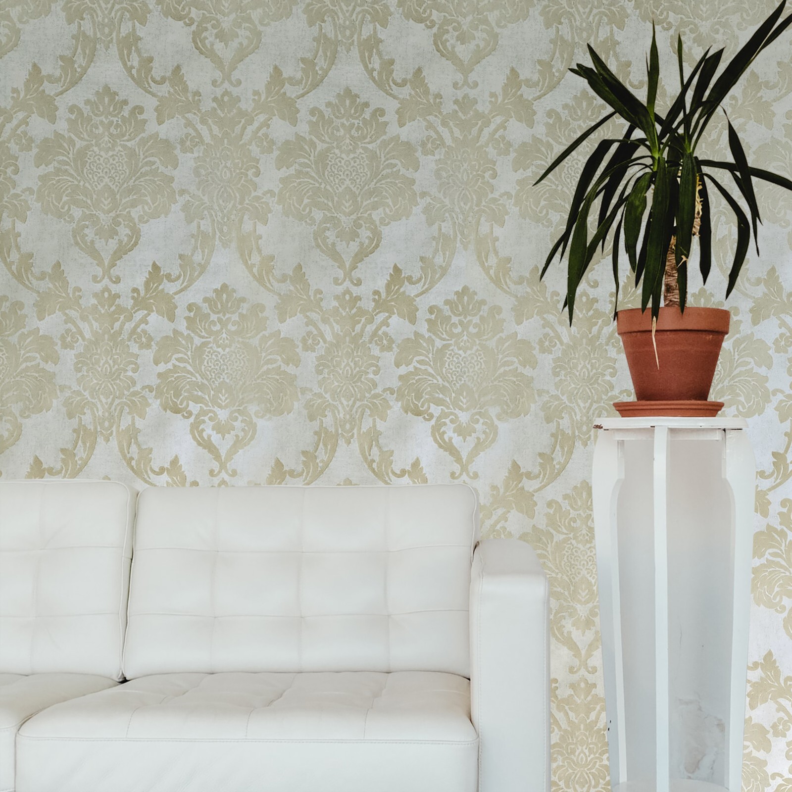 Wallpaper flocking rustic beige Flocked vintage damask velvet wallcoverings roll gallery