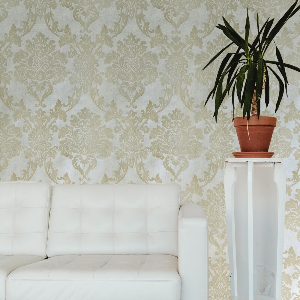 Wallpaper flocking rustic beige Flocked vintage damask velvet wallcoverings roll