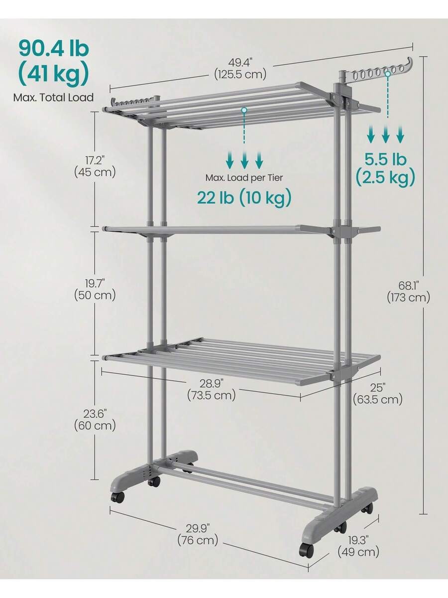 SONGMICS 4-Tier Foldable Laundry Drying Rack 68.1" Stainless Steel Rolling gallery