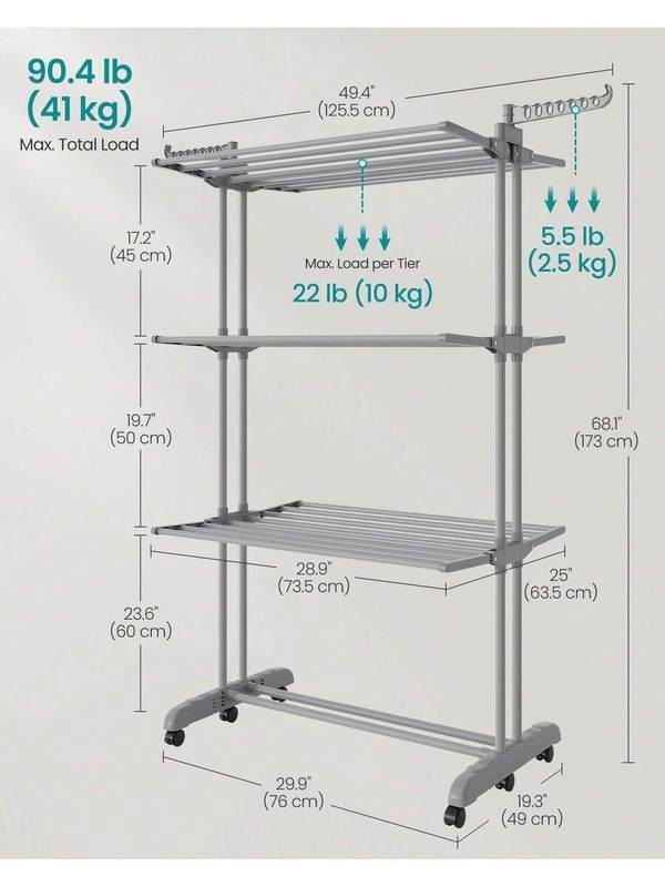 SONGMICS 4-Tier Foldable Laundry Drying Rack 68.1" Stainless Steel Rolling gallery