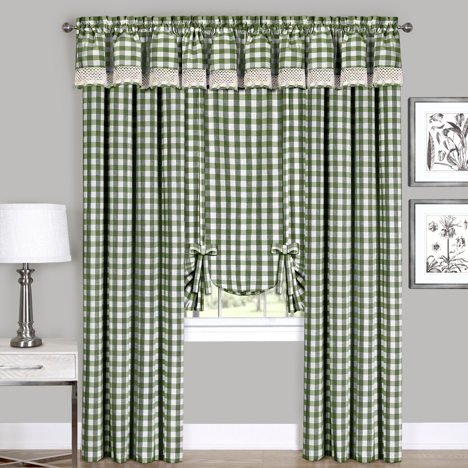 Sage Checkered Plaid Gingham Kitchen Window Curtain Drapes Panel Valance Shade gallery