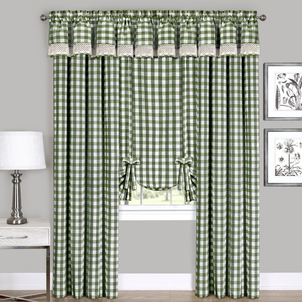 Sage Checkered Plaid Gingham Kitchen Window Curtain Drapes Panel Valance Shade