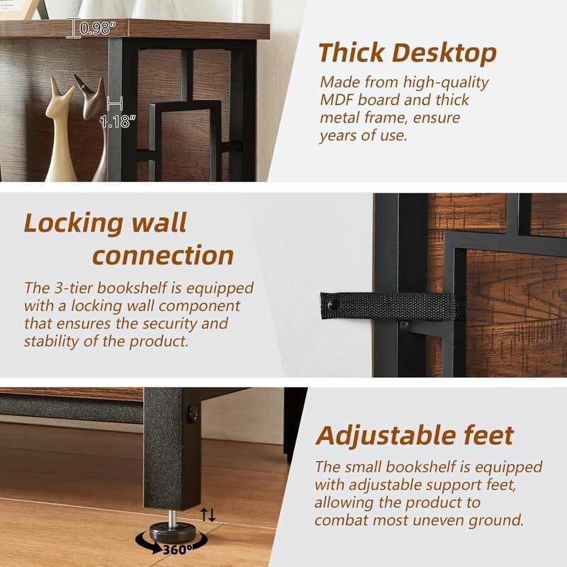 3 Tier Bookshelf Rustic Brown Engineered Wood Metal Storage Bookcase Low gallery
