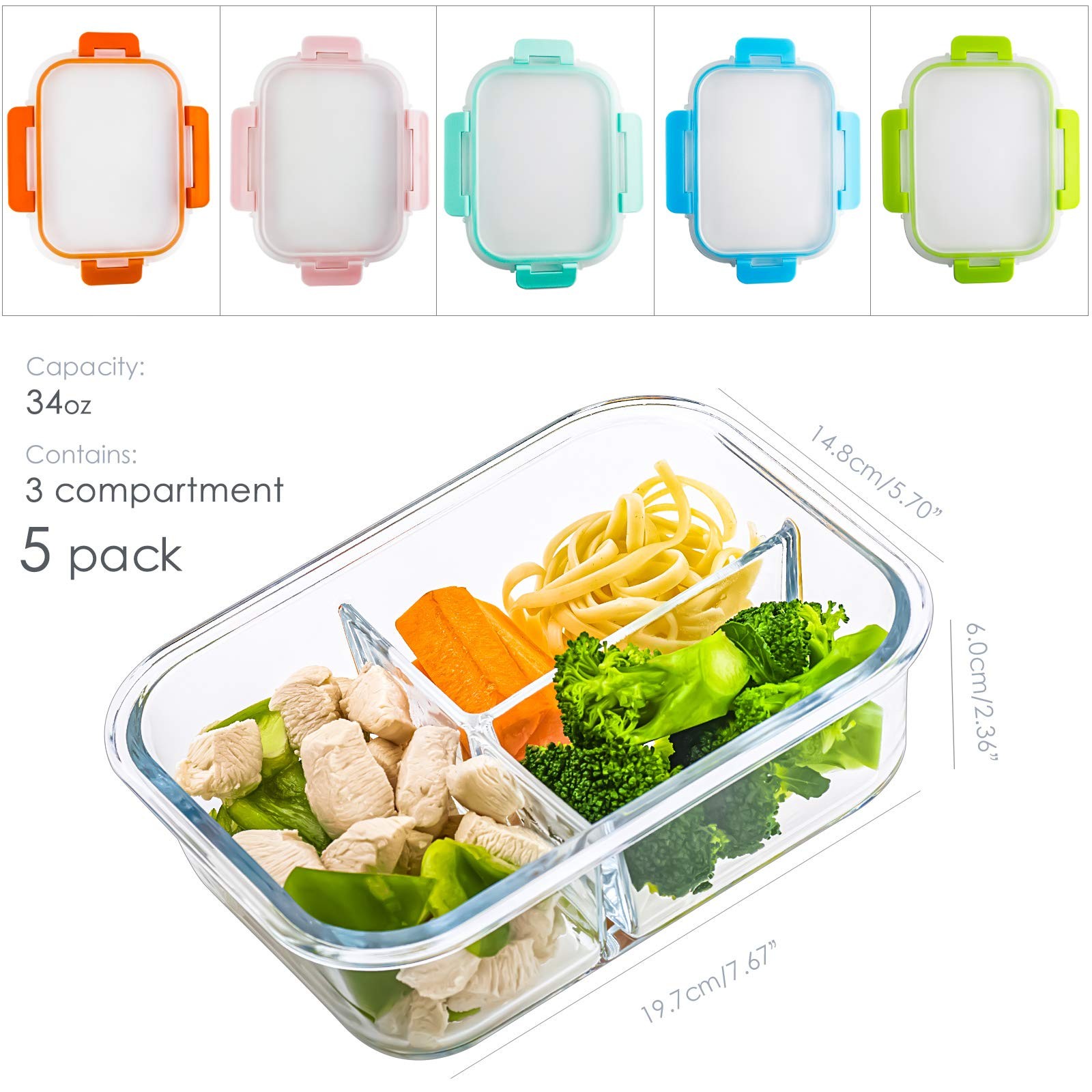 5-Pack,3 Compartment Glass Meal Prep Containers Set,34oz, Divided Glass Food ... gallery