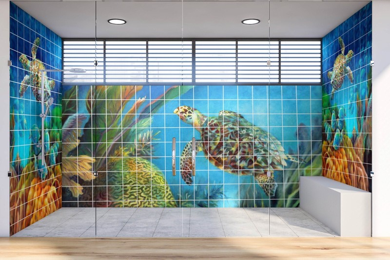 ceramic tile mural backsplash. medallion pool. Pond with koi fish, lily flowers gallery
