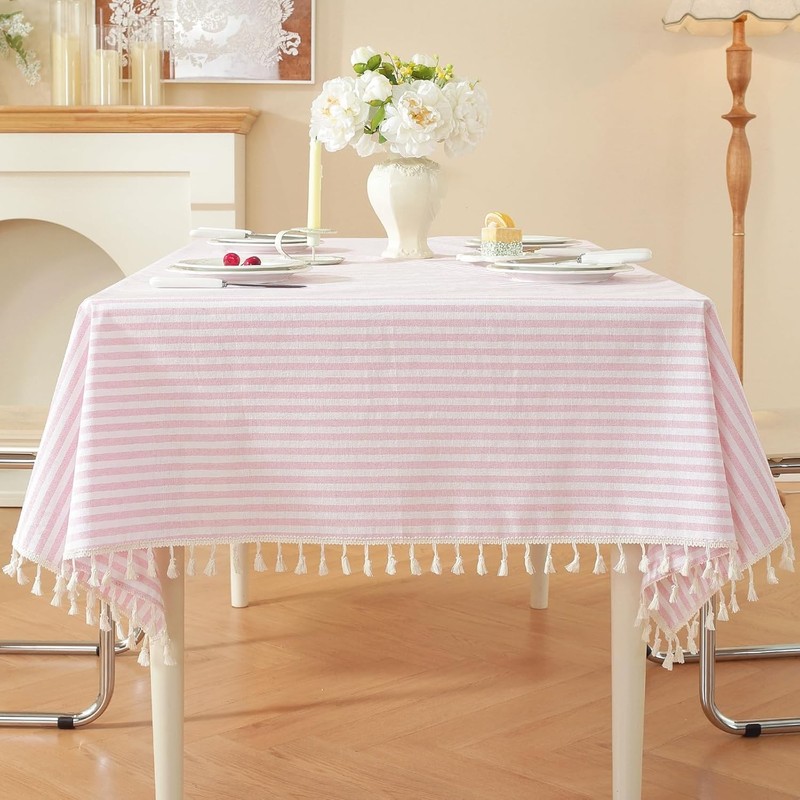 Striped Square Tablecloth, Cotton Blend Fabric Pink Table Cloth with Tassel, gallery