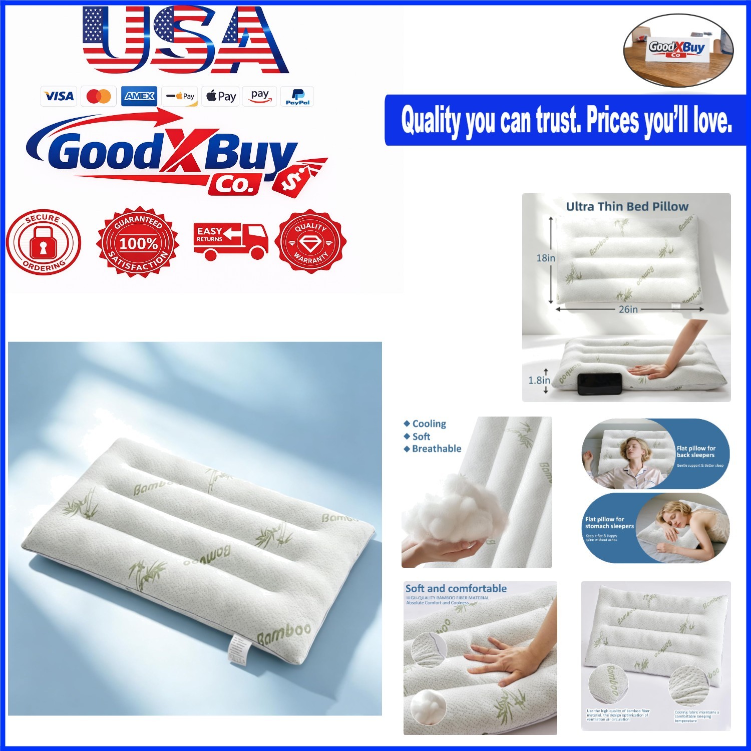 Flat Bamboo Rayon Pillow for Back & Stomach Sleepers 2.5 Inch Soft Support Be... gallery