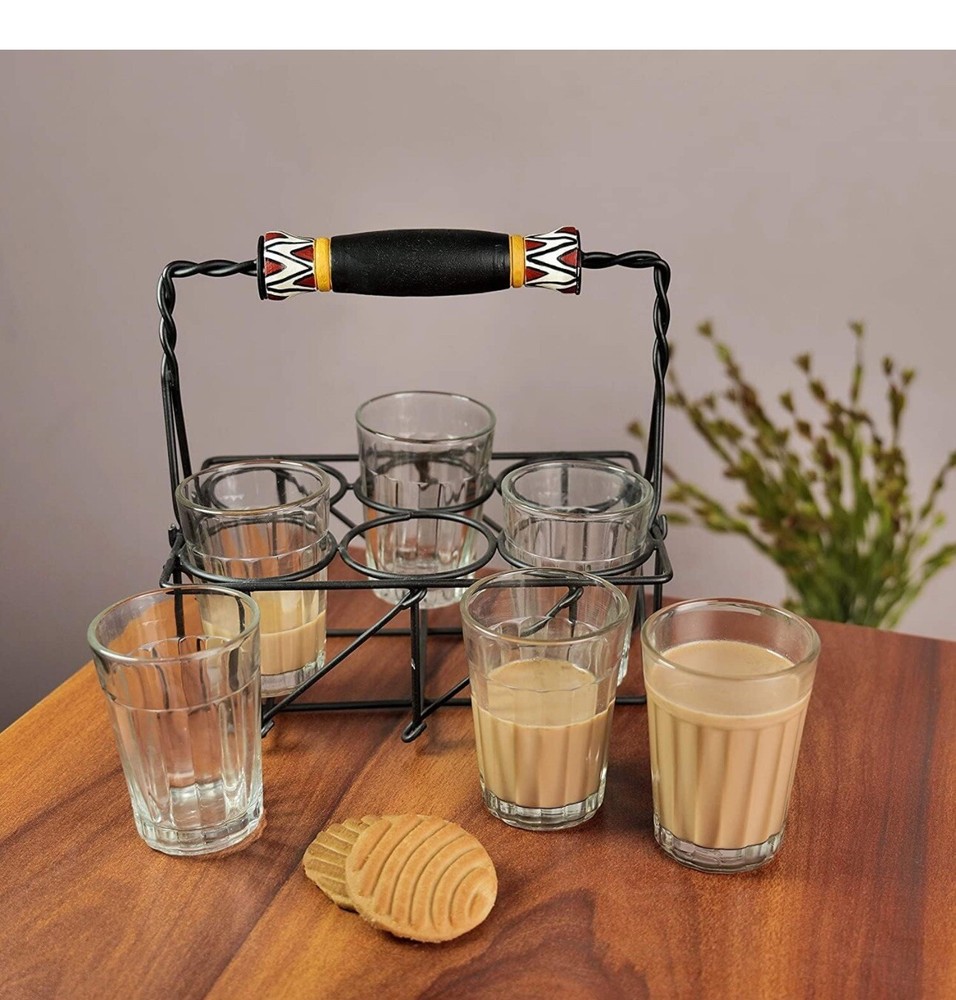 Cutting Chai Glasses with Stand | Tea Glass Set of 6 with Stand-120 Ml