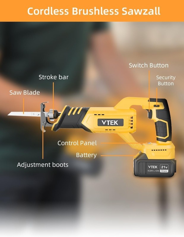 VTEK Brushless Cordless Reciprocating Saw,3 Level Speed Setting 0-3000RPM gallery