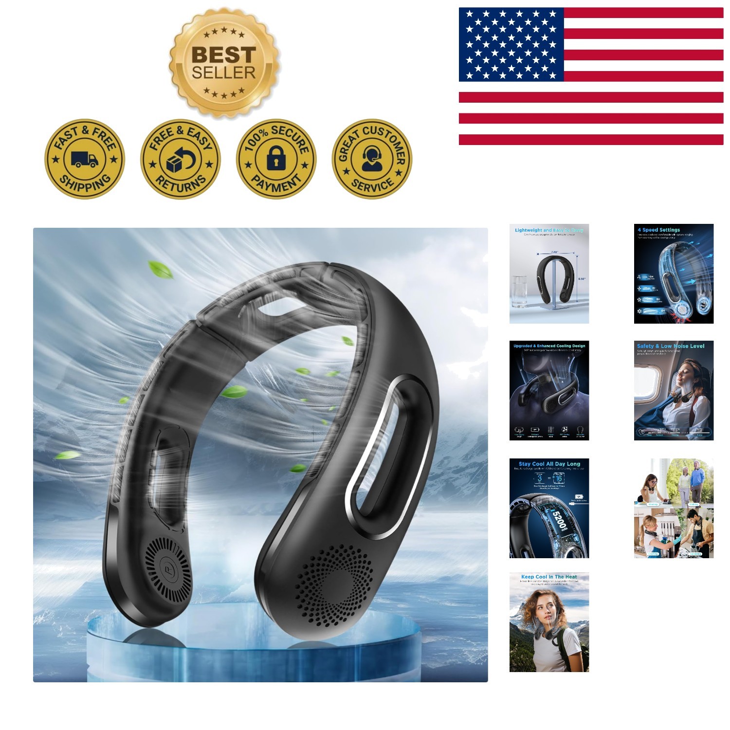 Quiet & Efficient Rechargeable Neck Fan - 360° Bladeless Cooling for All Ages gallery