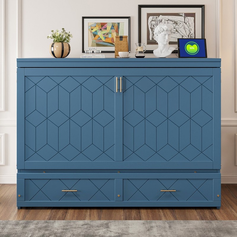 Queen Murphy Bed Wall Cabinet w/ Socket USB Ports & Drawer, Navy Blue gallery
