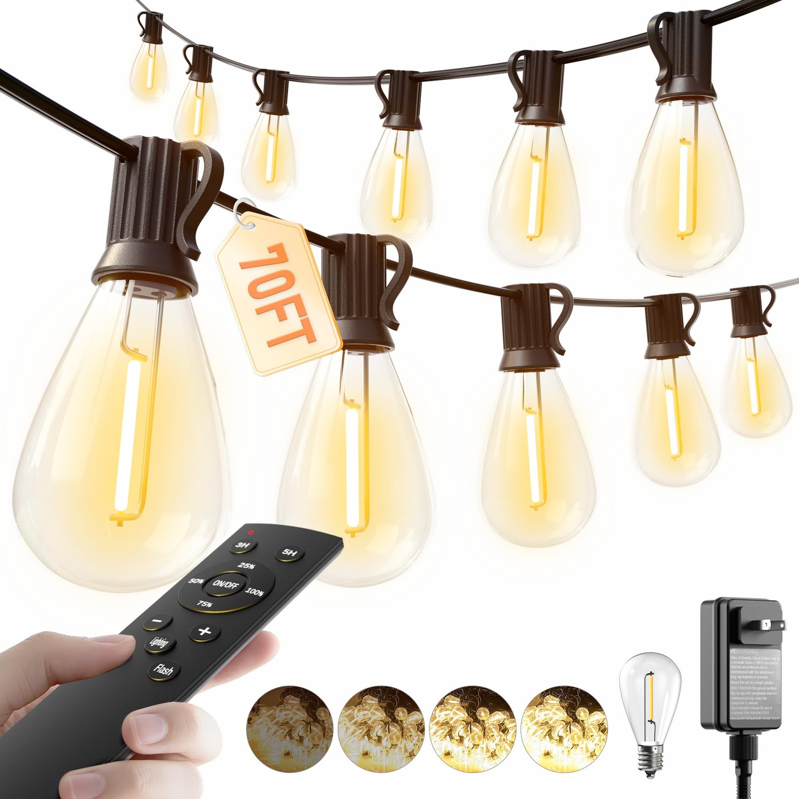 Luckystyle 70FT LED Outdoor String Lights w/ Remote, 24+1 Shatterproof Bulbs gallery