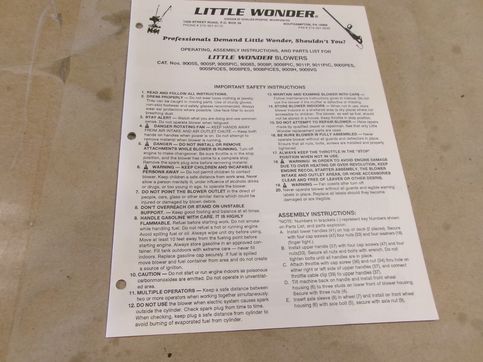 OPERATING, ASSEMBLY INSTRUCTIONS, AND PARTS LIST FOR THE LITTLE WONDER BLOWERS gallery