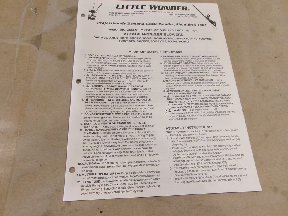 OPERATING, ASSEMBLY INSTRUCTIONS, AND PARTS LIST FOR THE LITTLE WONDER BLOWERS