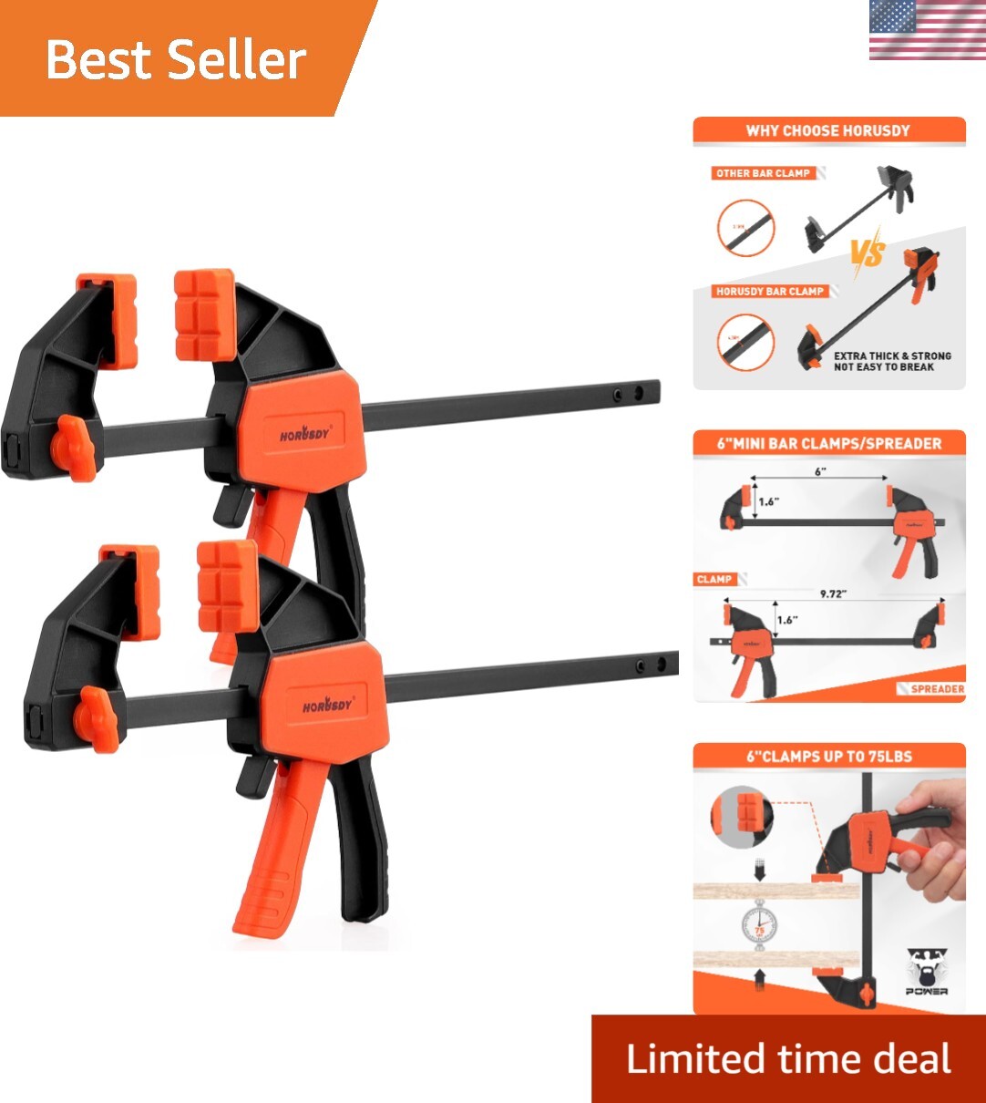 Quick-Adjust 6in Bar Clamps - 2 Pack with 75 lbs Load Capacity for Woodwork gallery