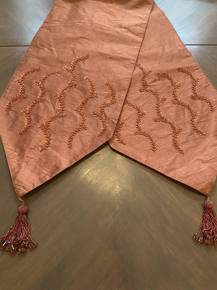 Hobby Lobby Table Runner 13”x 72" Rust/orange With Beaded Tassels And Sequins
