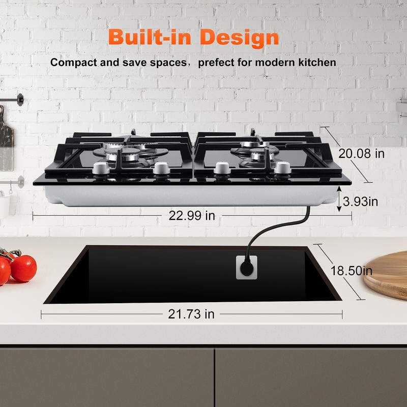 Kitchen 24 inch Gas Cooktop 4 burners NG/LPG Stainless Steel Tempered Glass New gallery