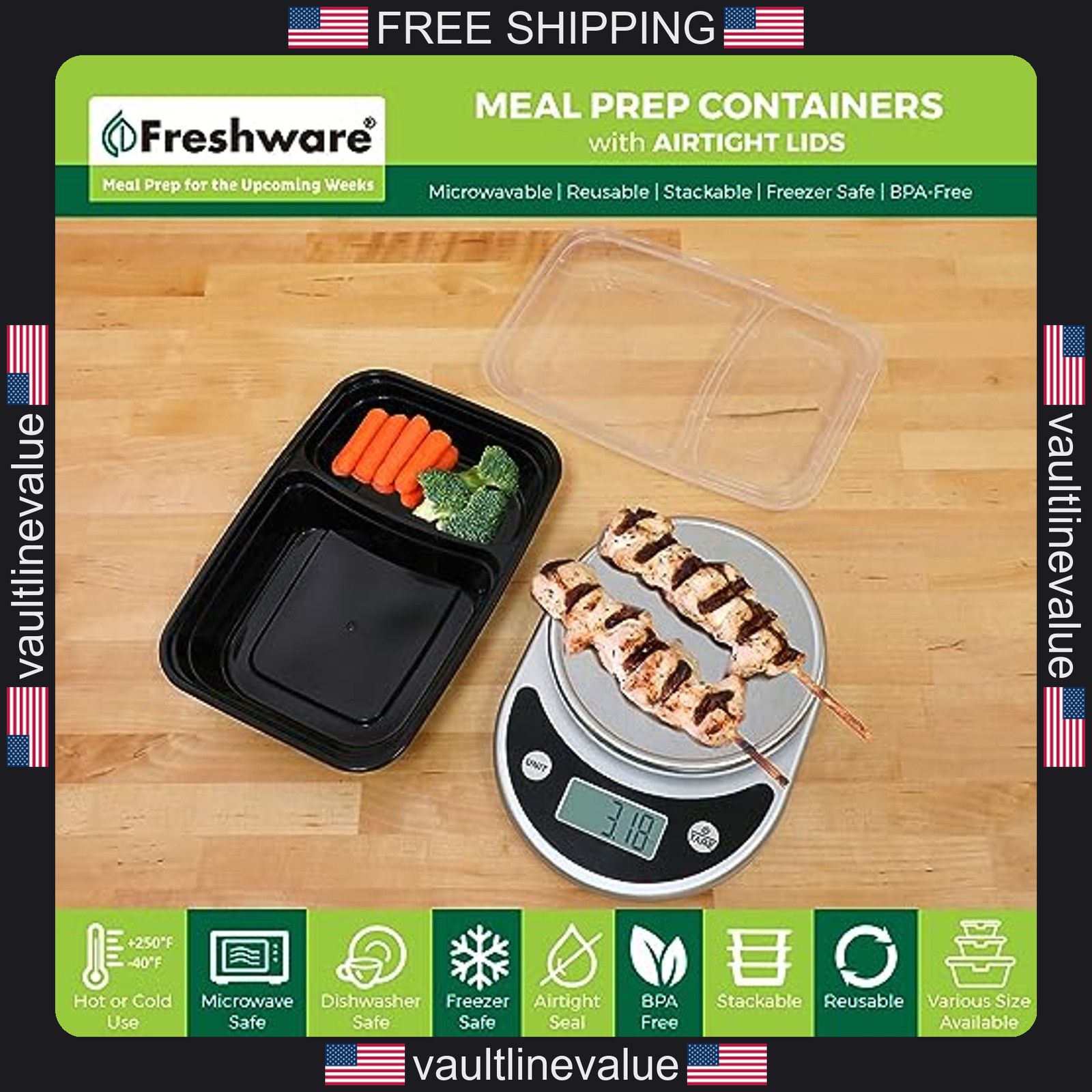Freshware 15 Pack 28oz Meal Prep Containers 2 Compartment BPA Free Black gallery