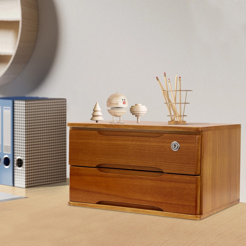 Wooden Desktop Storage Box with Lockable Drawers, Desk Organizer With 2 Tiers gallery