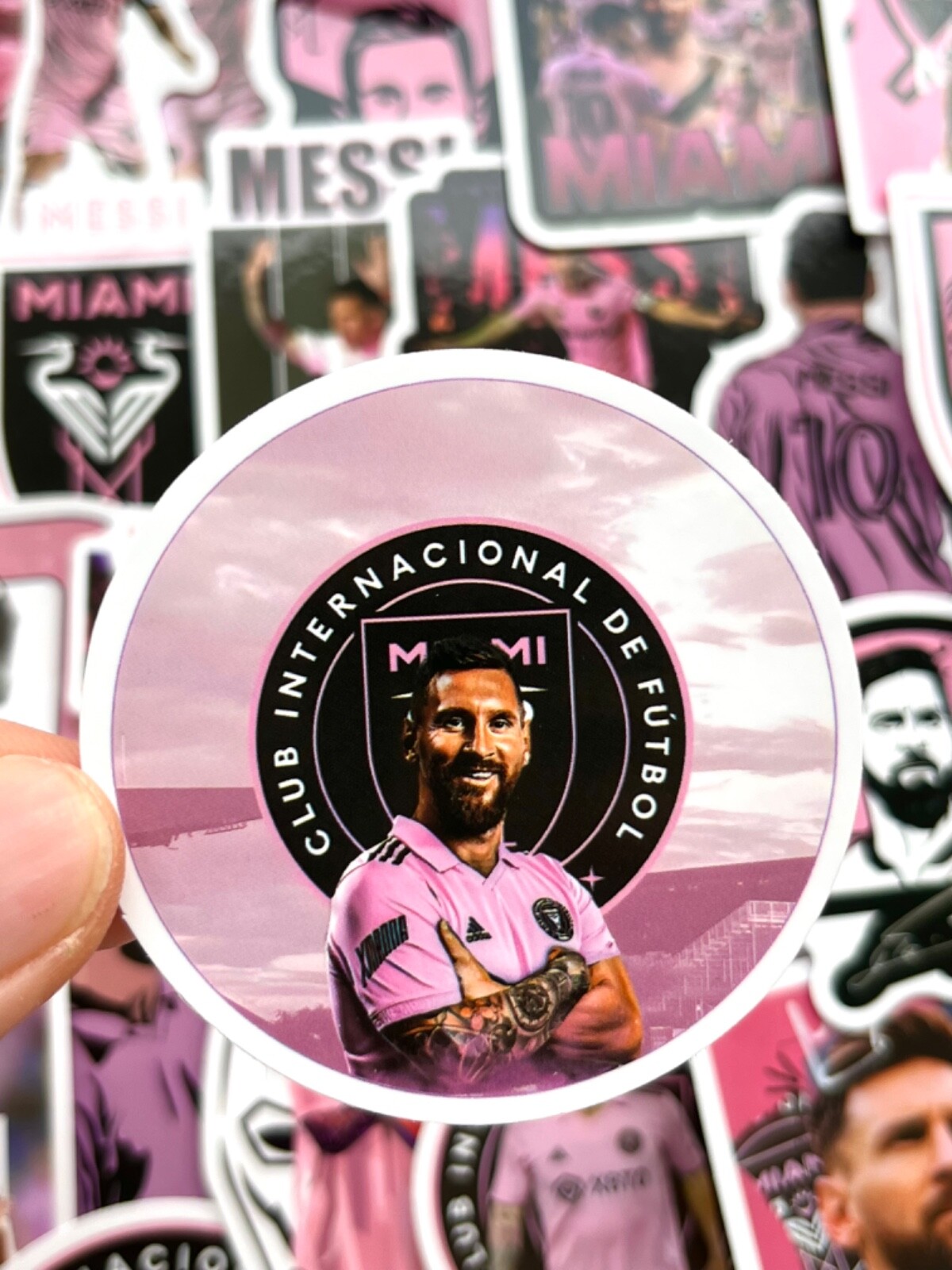 5-50 pcs Messi Inspired Stickers, Miami Pink World Cup Trophy Laptop Car Decals gallery