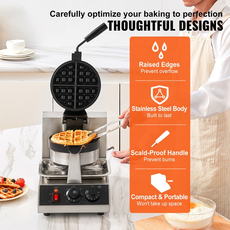 Commerical Round Waffle Maker 1300W Rotatable Non-Stick Waffle Iron 120V gallery