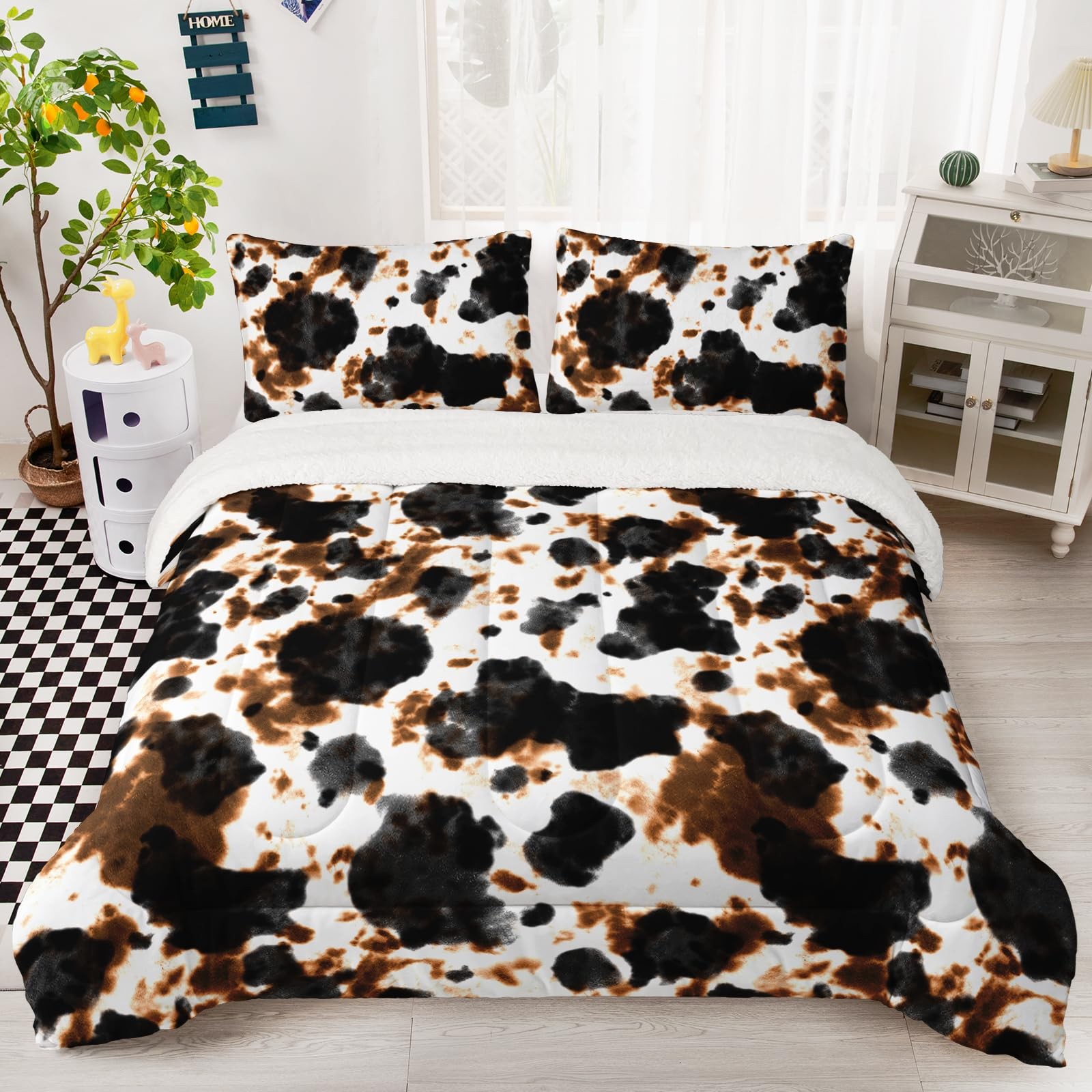 Nttopship Cow Fur Print Comforter Set Twin Sizeblack And Brown Cowhide Bedding gallery