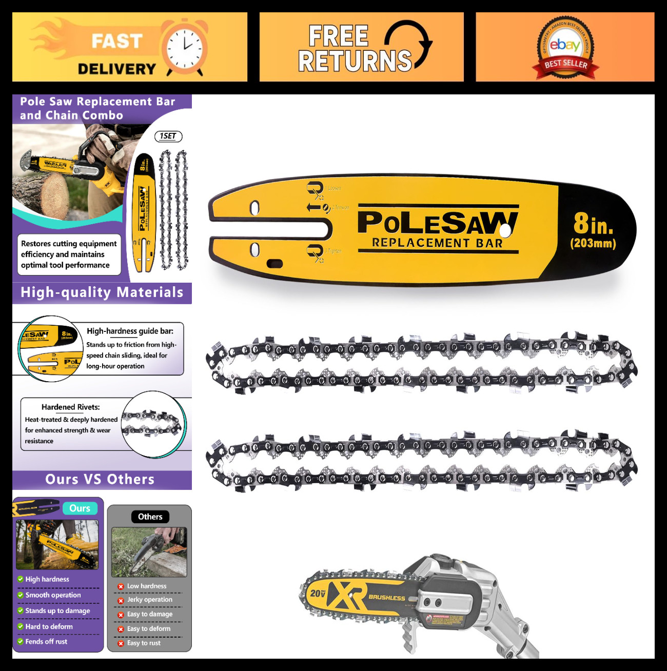 8" Pole Saw Replacement Bar & Chain Combo - 1 Bar & 2 Chains, Restore Cutting Po gallery